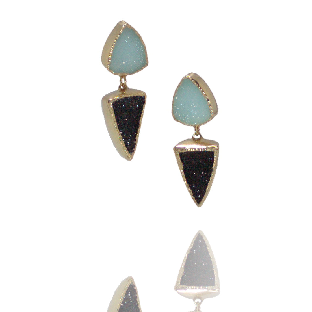 Hemimorphite Druzy (blue) & Black Quartz Drusy in 18k,SS Earrings