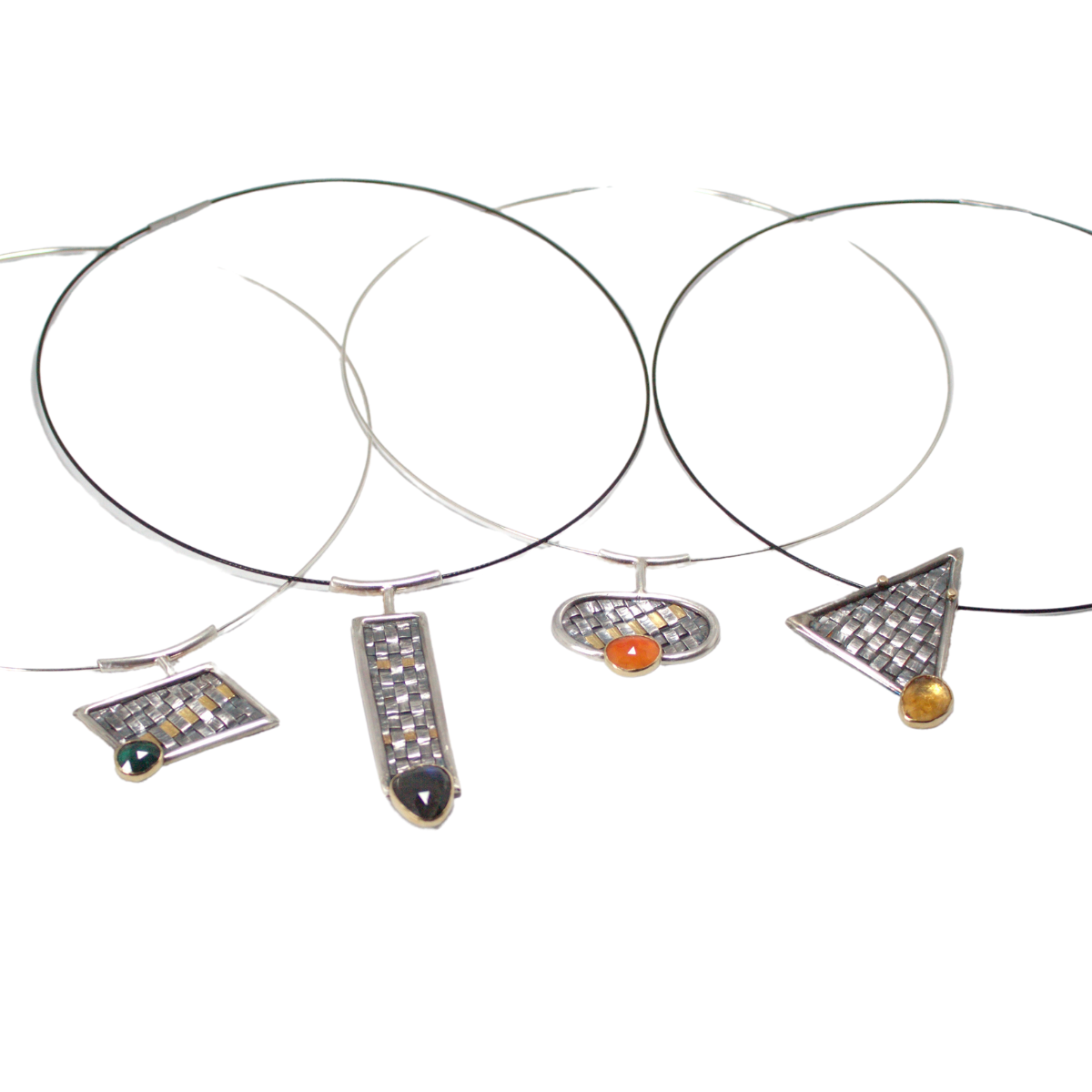 Weft Geometric Necklaces  - Woven fine silver and 22k gold bi-metal with rose cut cab in 18k gold