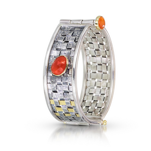 "Tabby" - Woven Hinge/Clasped Bracelet, Sterling and fine silver, 22k gold bimetal, 18k gold, carnelians