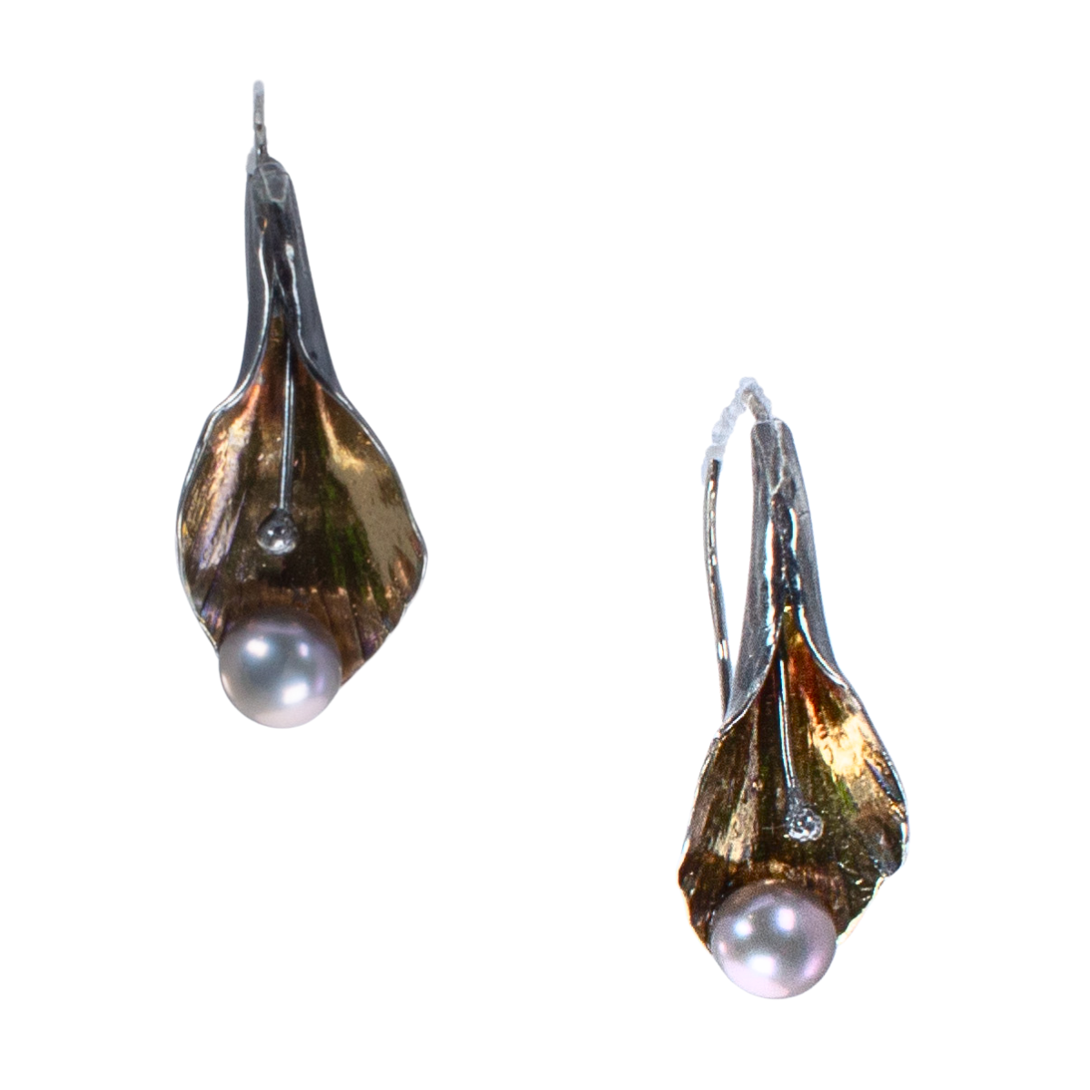 "Cascade" Short Sterling Earrings w/ gold and small grey pearls (blackened)