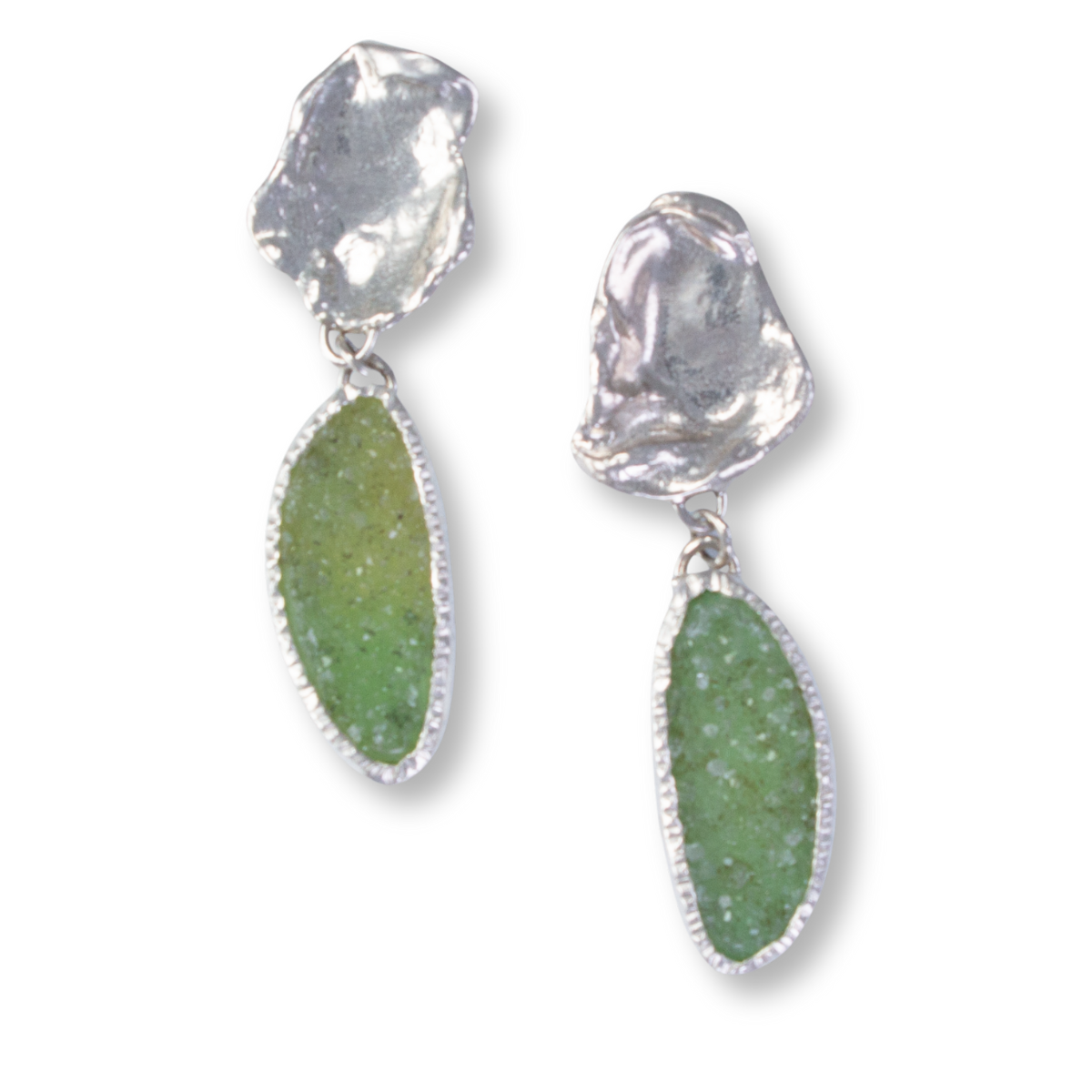 Sterling, Fine Silver & Lime Green Drusy Quartz posts