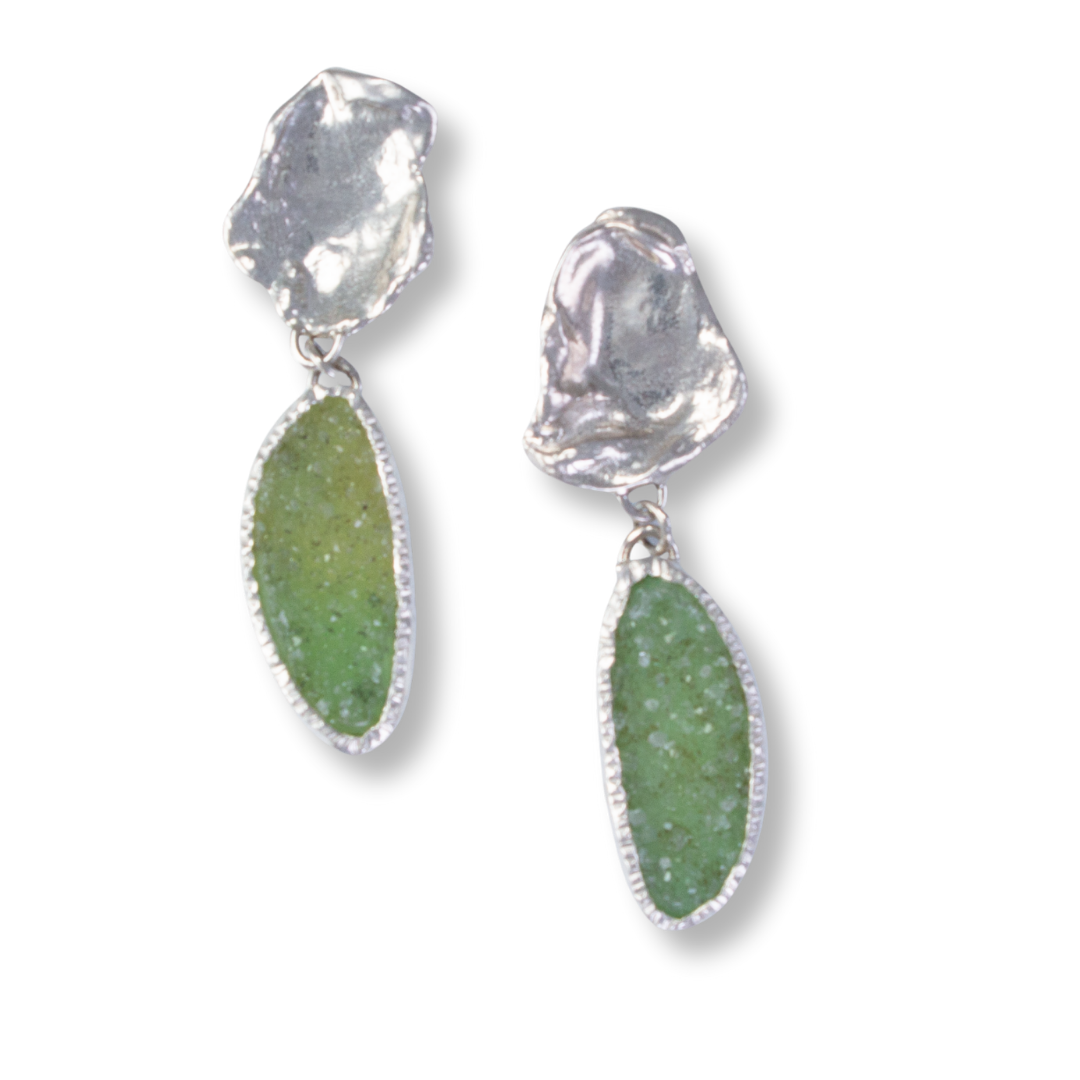 Sterling, Fine Silver & Brownish Green Drusy Quartz posts