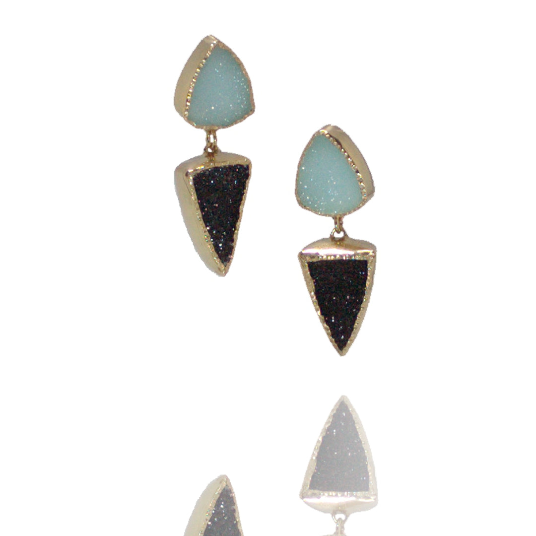 "Dainty Blue" Earrings - SS, 18kt gold, Hemimorphite druzy (blue)/onyx druzy on silver posts
