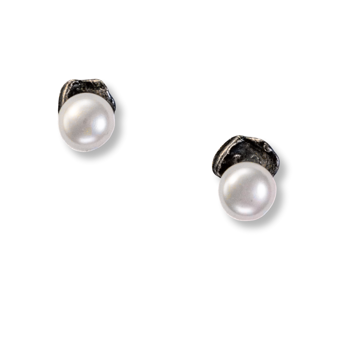 Blackened silver w/white pearls on water drop posts