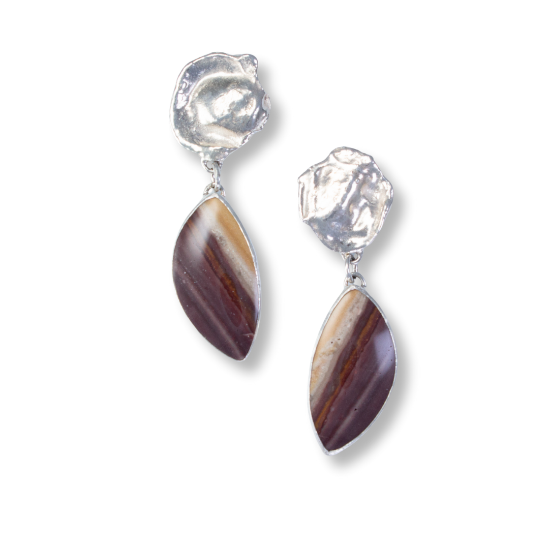 Sterling,fine silver posts on water drops with half-moon striped jasper