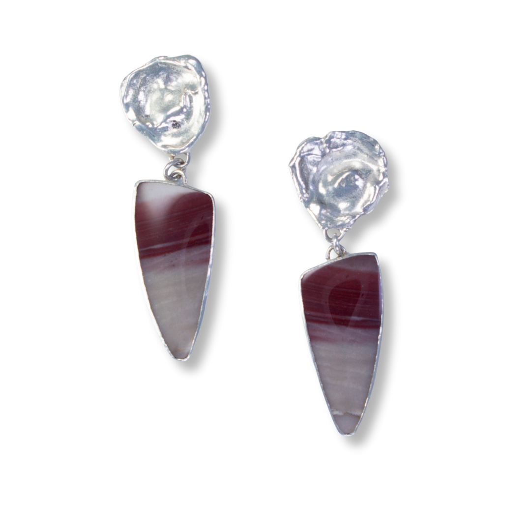 Sterling,fine silver posts on water drops with triangular dark red over grey beige stripes