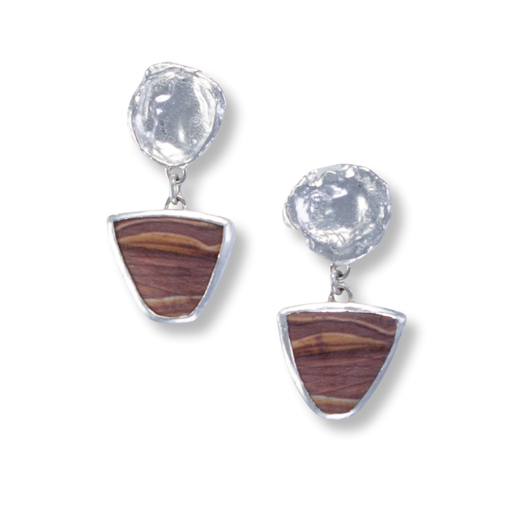 Sterling and fine silver beige and pink striped jasper triangles on water cast posts