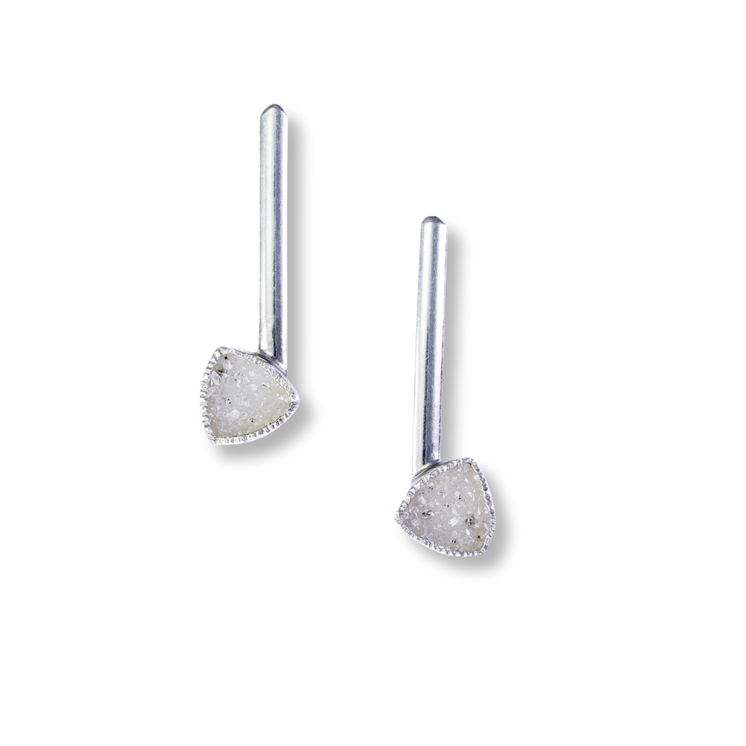 Short Sterling, fine silver, white druzy w small black speckle triangles