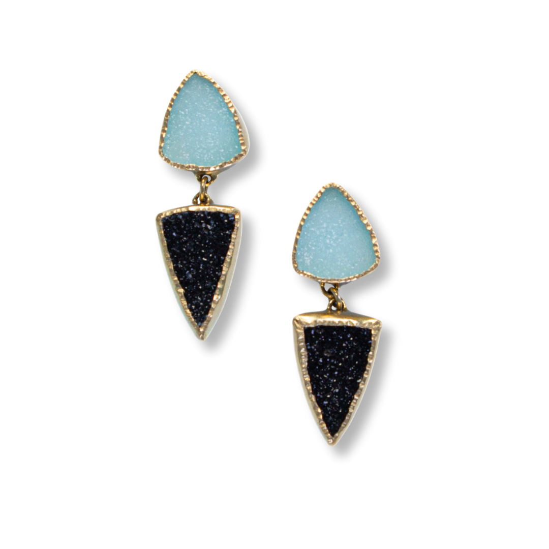 "Dainty Blue" Earrings - SS, 18kt gold, Hemimorphite druzy (blue)/onyx druzy on silver posts