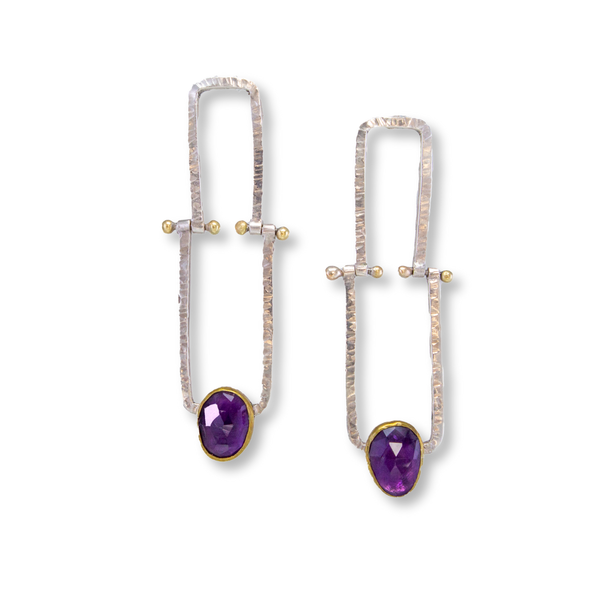 Cirque Trapeze Earrings - Sterling Silver with amethyst in 18k gold bezel and detail