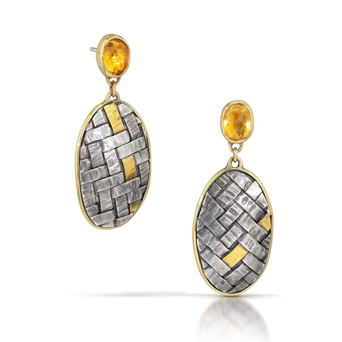 Oval Curved Woven Dangles below Citrines set in 18k gold, gold framed