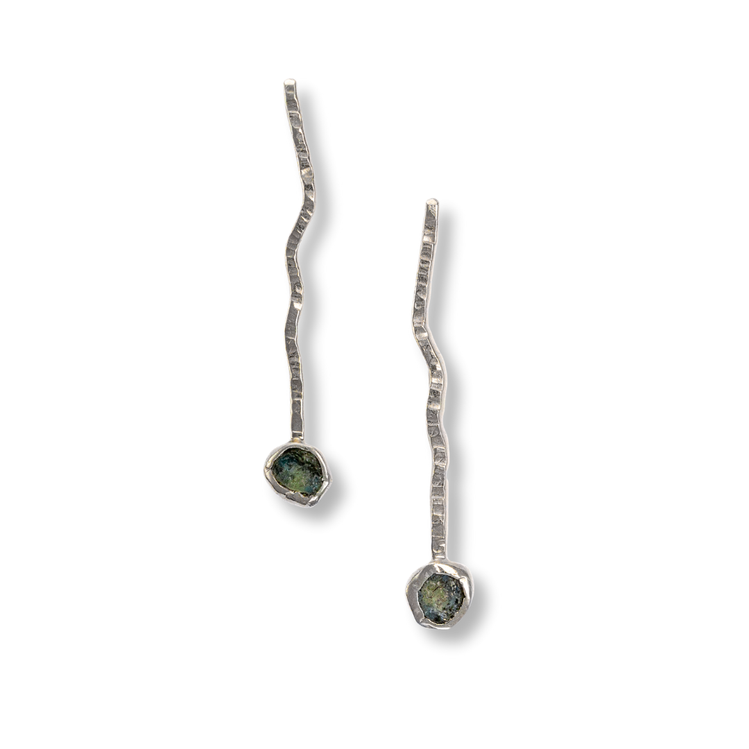 Hammered Sterling and Rough Sapphire Post Earrings