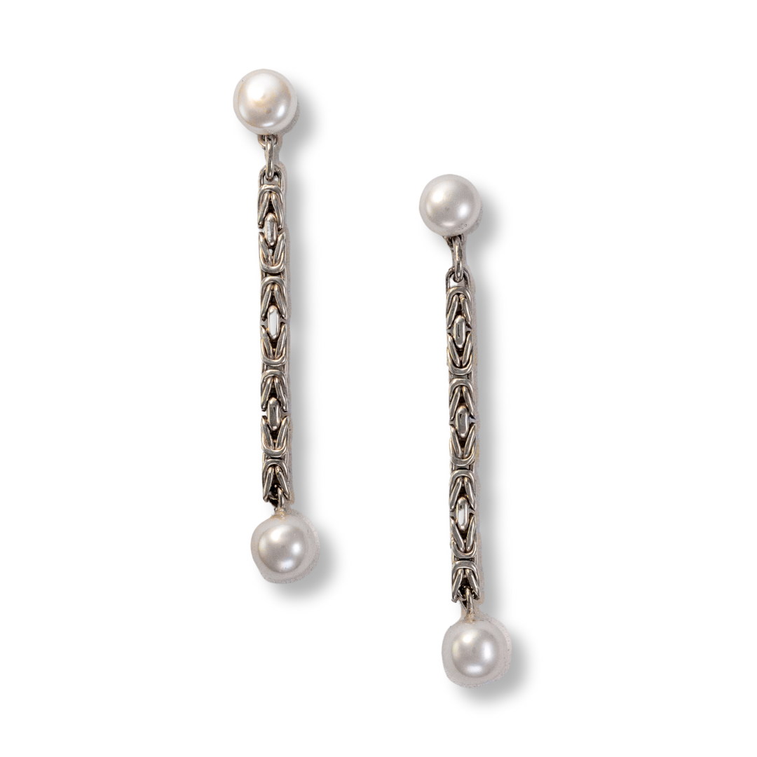 White pearl posts, pearls on byzantine chain
