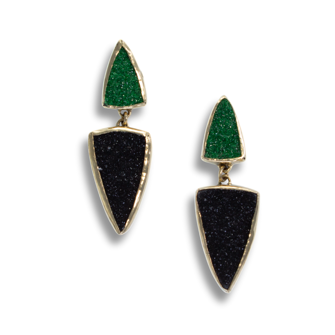 Uvarovite & Black Quartz druzy in 18k,SS Earrings