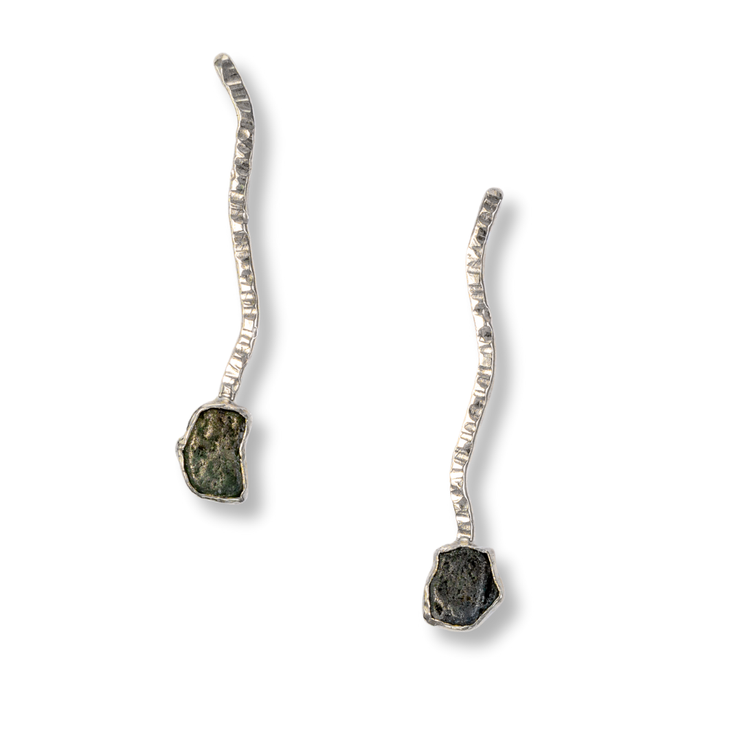Hammered Sterling and Rough Sapphire Post Earrings