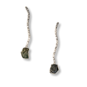 Hammered Sterling and Rough Sapphire Post Earrings