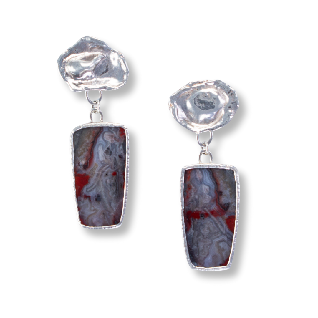 Sterling,fine silver lng rectangles red/grey quartz
