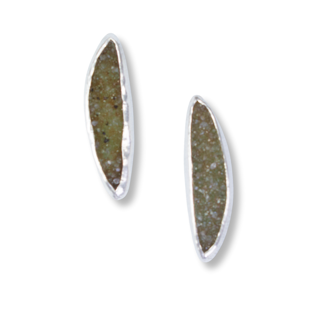 Sterling, Fine Silver Half Moon Olive Green Drusy Posts