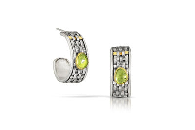 Woven 2/3 Hoops in Fine Silver/22k bi-metal with peridot set in 18k, framed in sterling