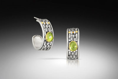 Woven 2/3 Hoops in Fine Silver/22k bi-metal with peridot set in 18k, framed in sterling