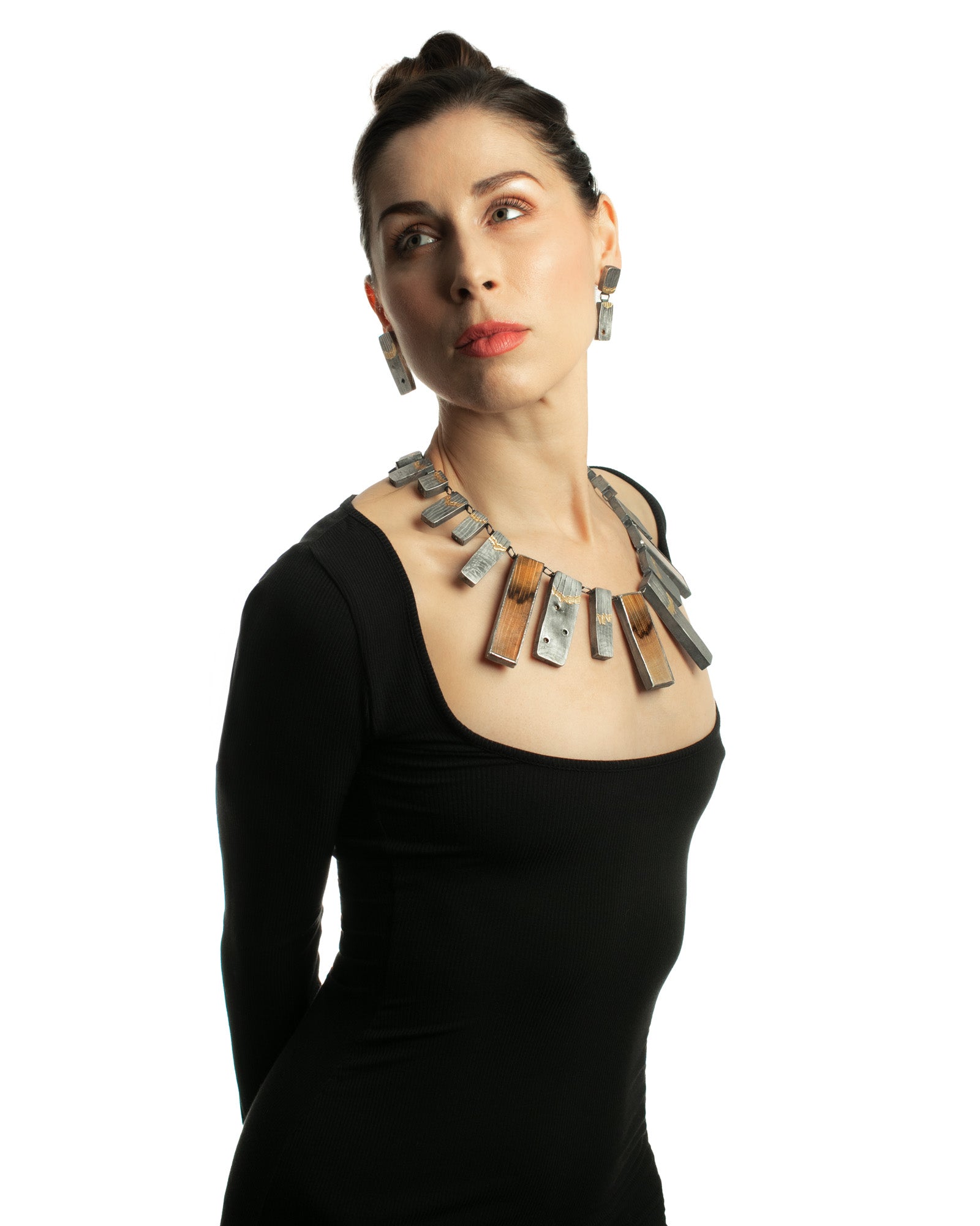 Petrified Palmwood and Tourmaline in Silver Hollowforms w/ 24k Keum Boo