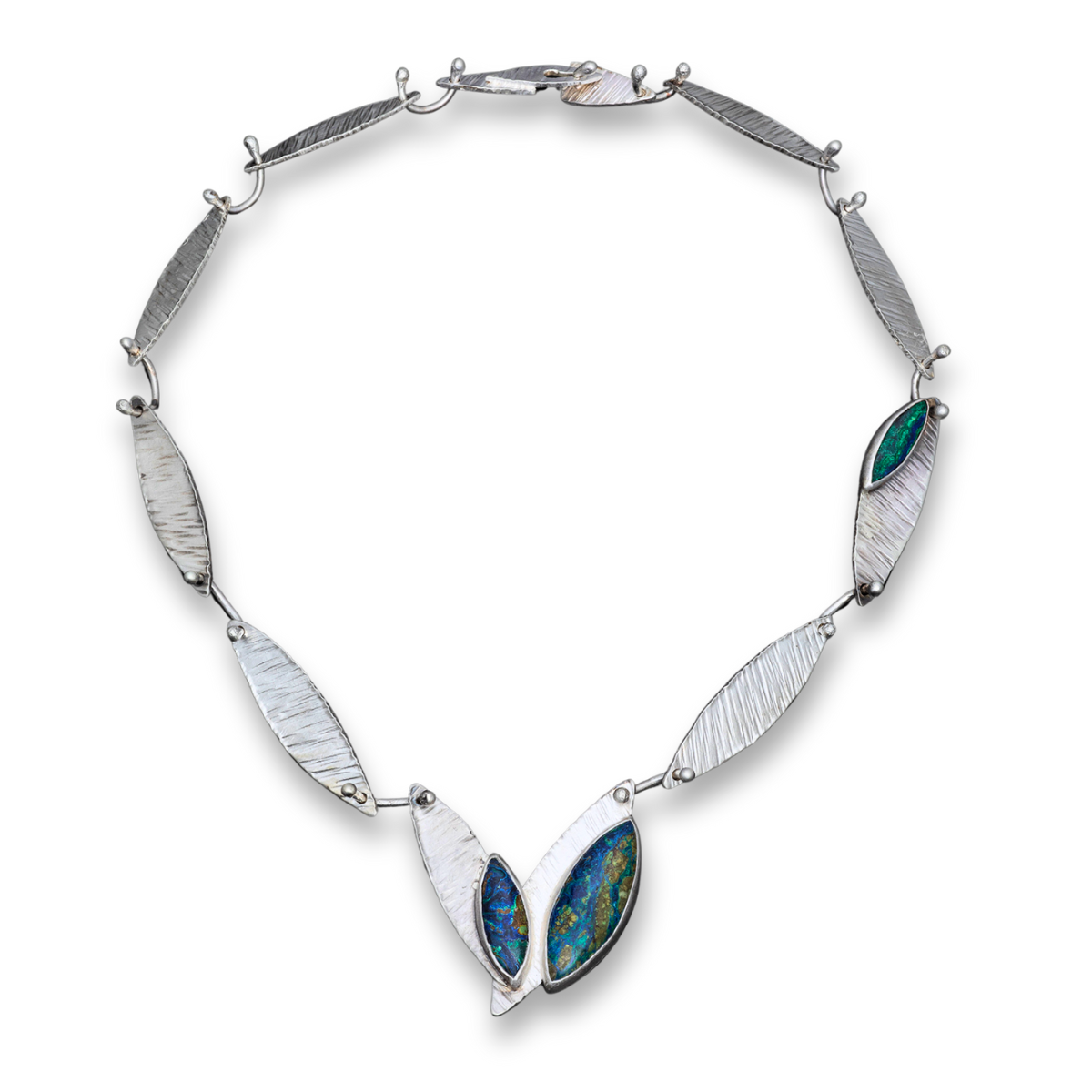 "Molochitus" sterling silver marquis hammered plates w 3 marquis Shattuckite stones