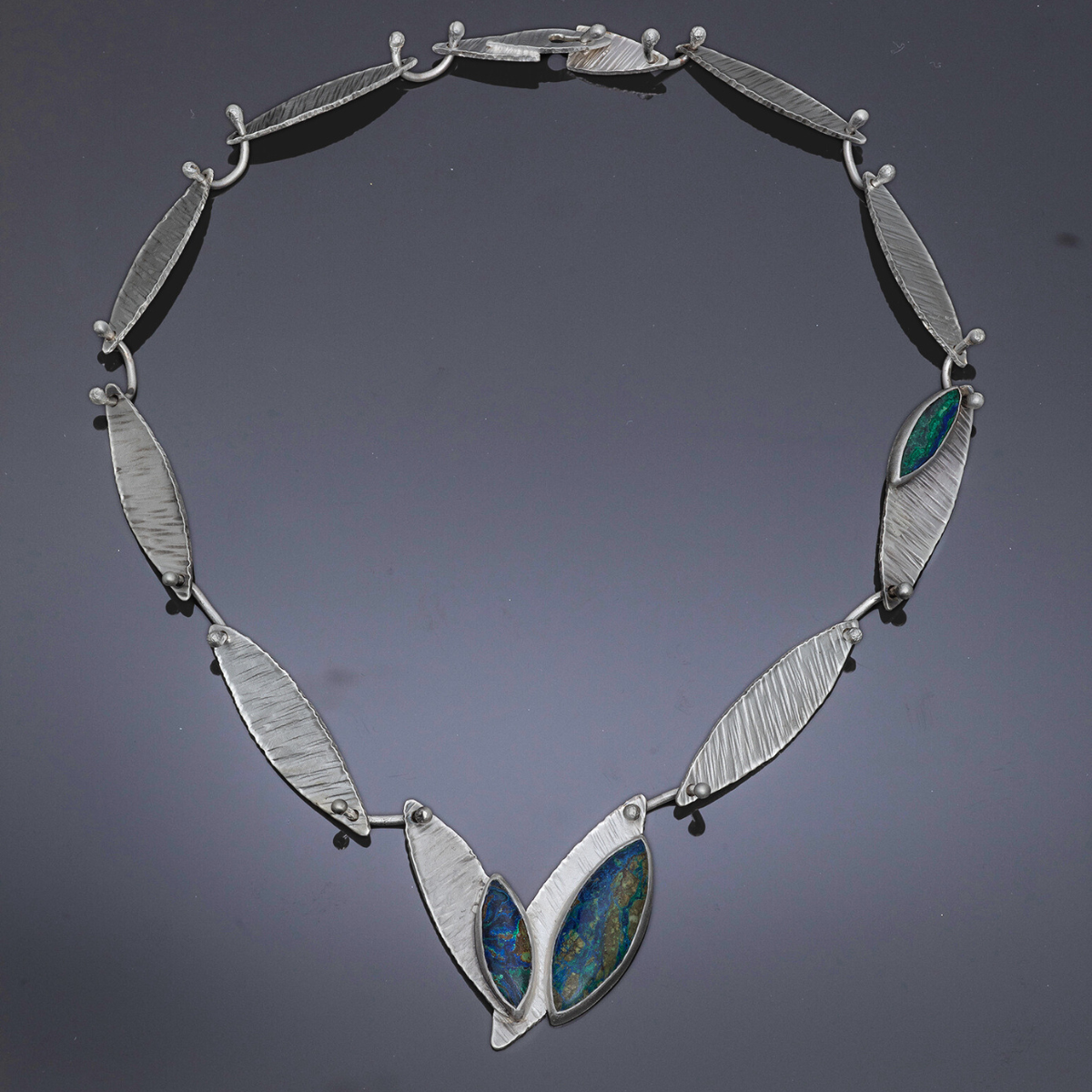 "Molochitus" sterling silver marquis hammered plates w 3 marquis Shattuckite stones