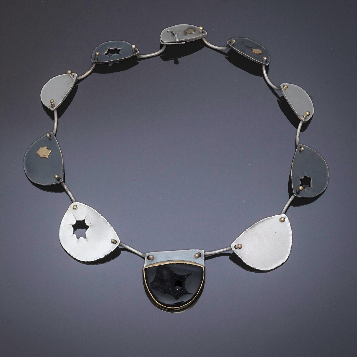 "Incanyezi" SS & 18k half moon shapes w open-space black onyx drusy