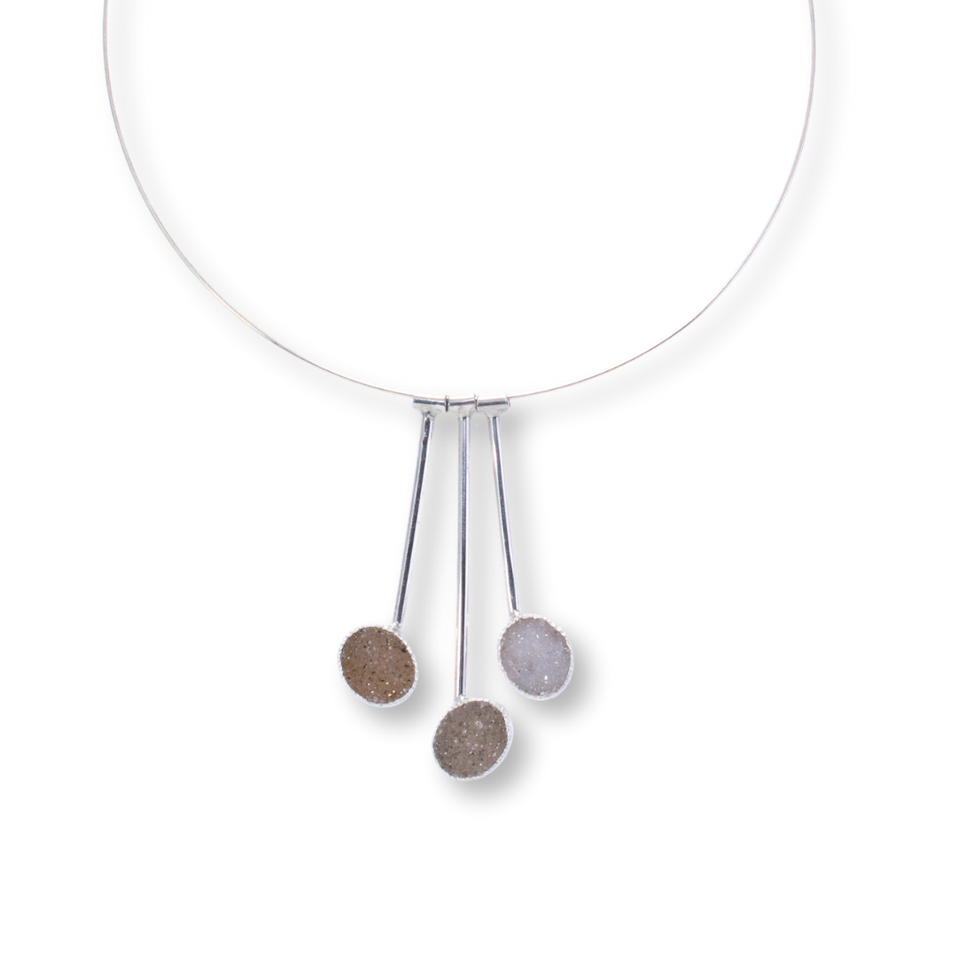 Pendulum Necklace- Three beige-grey ovals - Sterling, fine silver, drusy