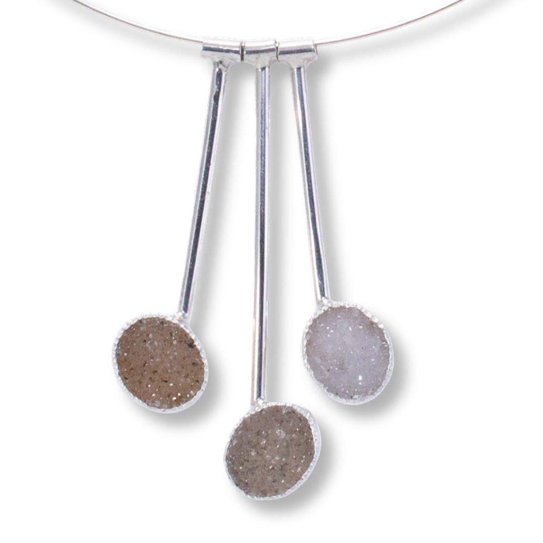 Pendulum Necklace- Three beige-grey ovals - Sterling, fine silver, drusy
