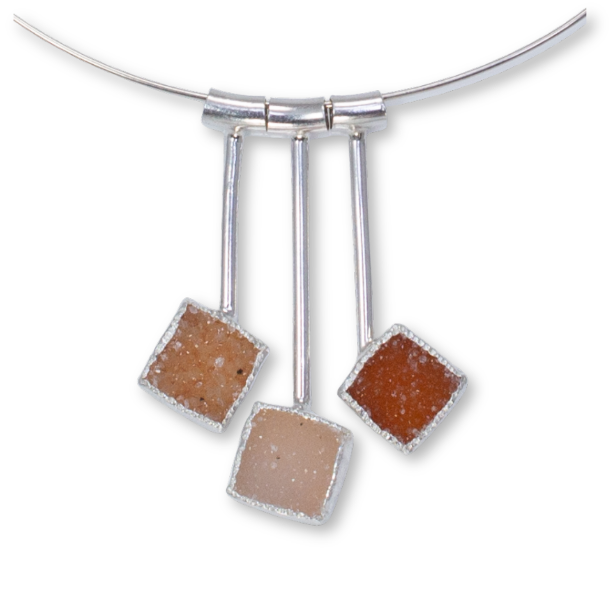 Pendulum Necklace- Three orange med squares - Sterling, fine silver, drusy
