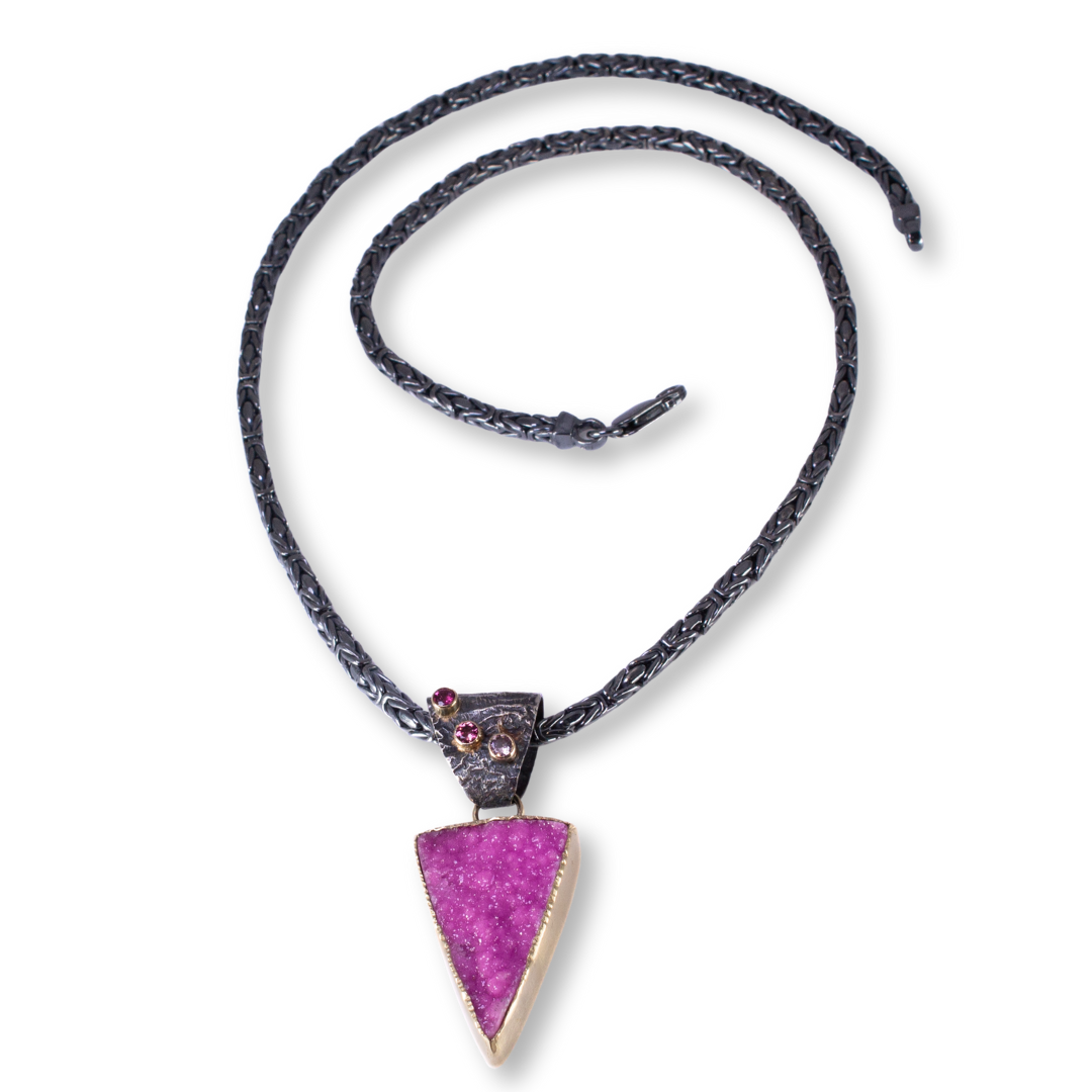 "Blush" - SS, 18kt gold, Cobalto Calcite druzy, three pink sapphires