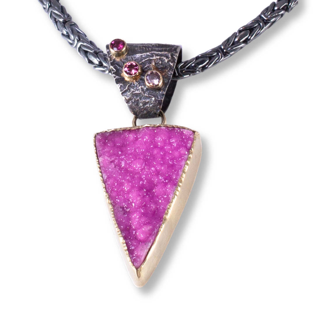 "Blush" - SS, 18kt gold, Cobalto Calcite druzy, three pink sapphires