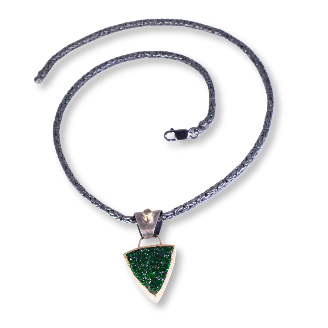 "Veldt" - SS, 18kt gold, Uvarovite Garnet druzy, raw diamond