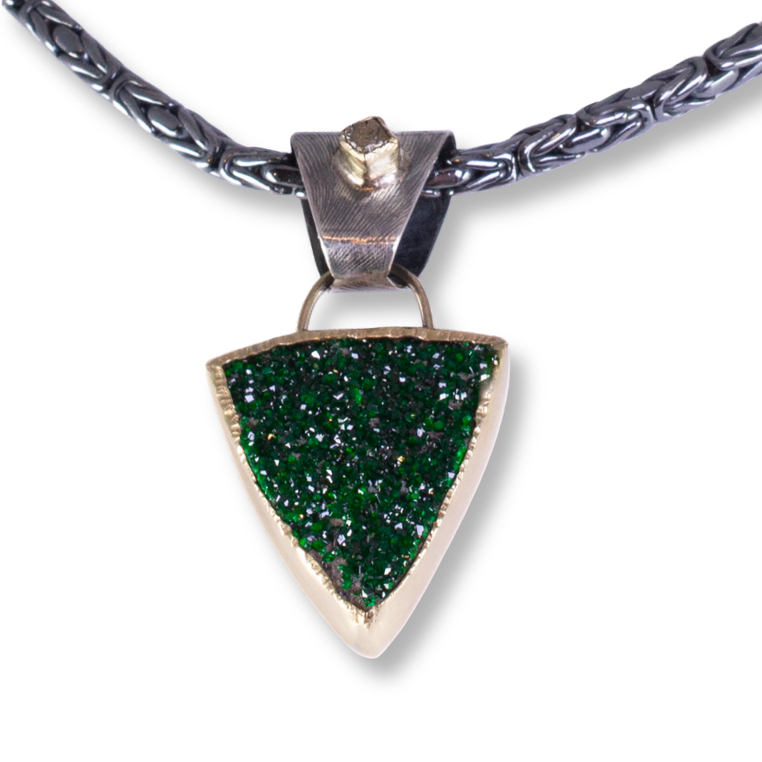 "Veldt" - SS, 18kt gold, Uvarovite Garnet druzy, raw diamond