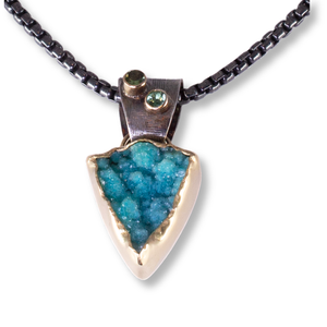 "Dainty Blue" - SS, 18kt gold, Hemimorphite druzy (blue), two blue-green tourmaline
