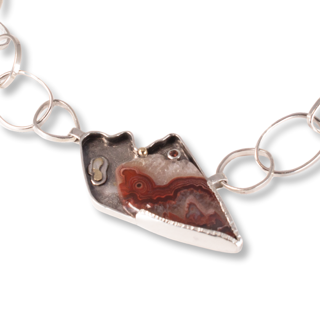 "Topograph" - Sterling, 18k, Agate Druzy, Sapphires on Sterling Chain