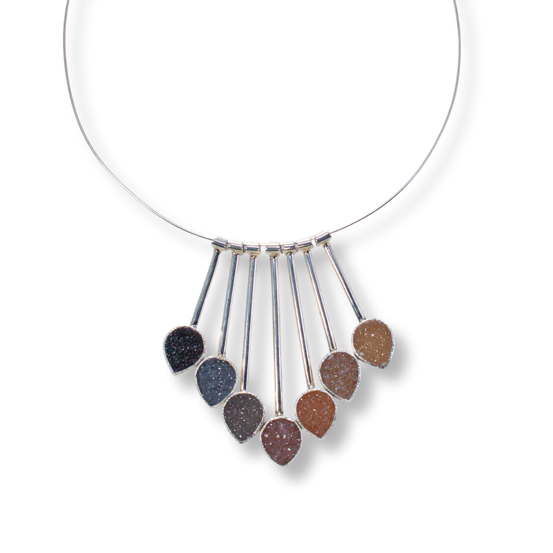 Pendulum - Seven rainbow teardrop druzy on silver neckwire