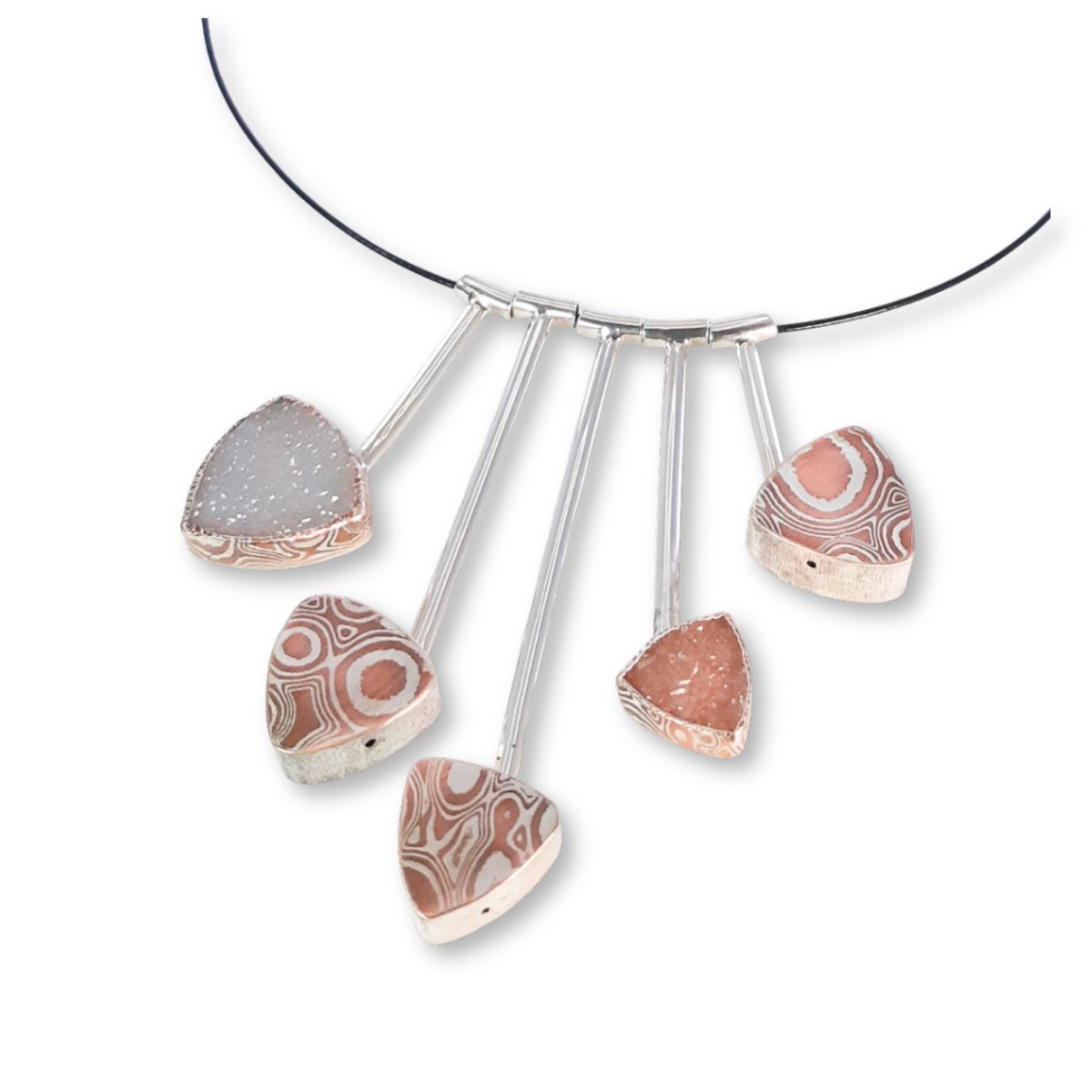 Mokume Hollowforms with mokume-set drusy  on sterling half round pendulums