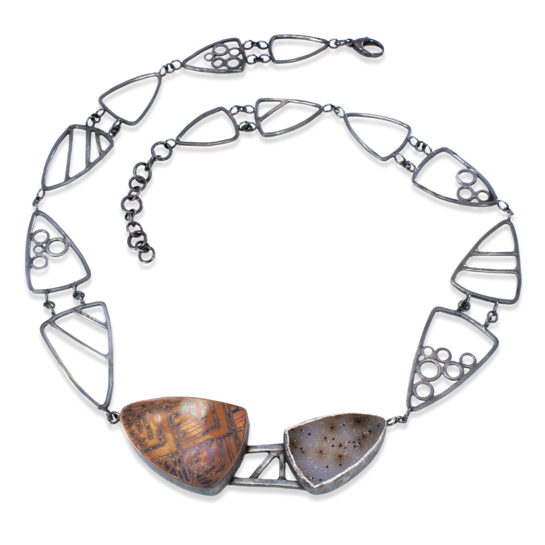 Chained/Trapezium/Raw Necklace - Brass/Copper/Silver Mokume Hollow with Quartz Drusy on Custom Silver Chain