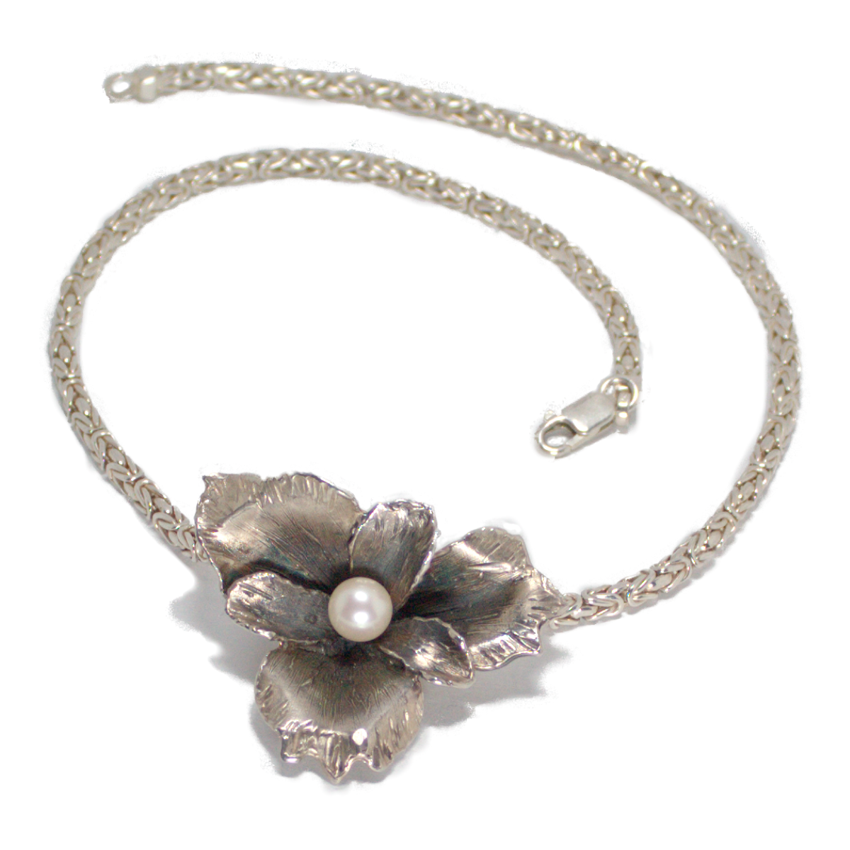 Sterling Iris w, Pearl on Heavy Sterling Chain