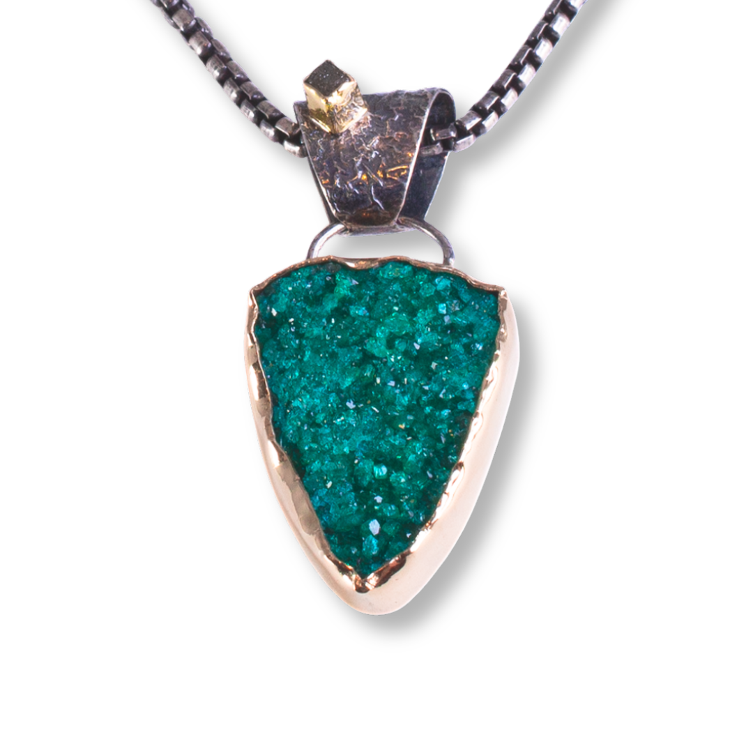 "Ocean Depths" - SS, 18kt gold, Dioptase druzy, raw diamond
