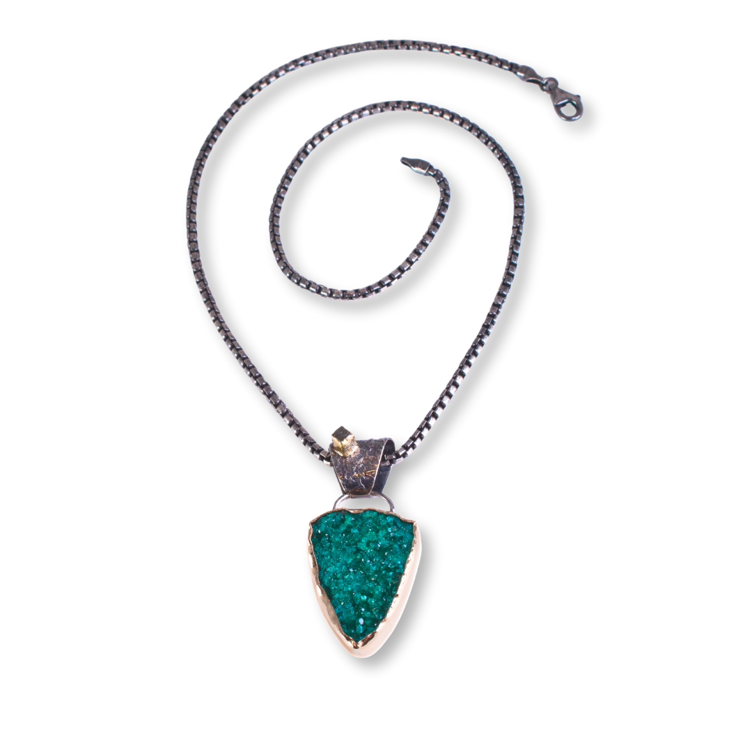 "Ocean Depths" - SS, 18kt gold, Dioptase druzy, raw diamond