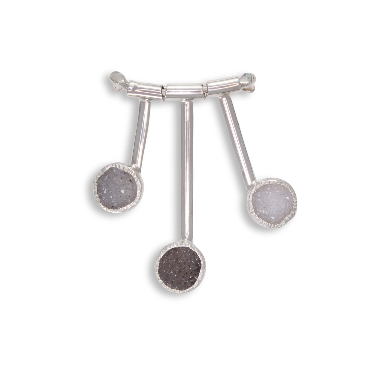 Pendulum Pin #1 - Dark grey, light grey, white drusy on half-round dangles