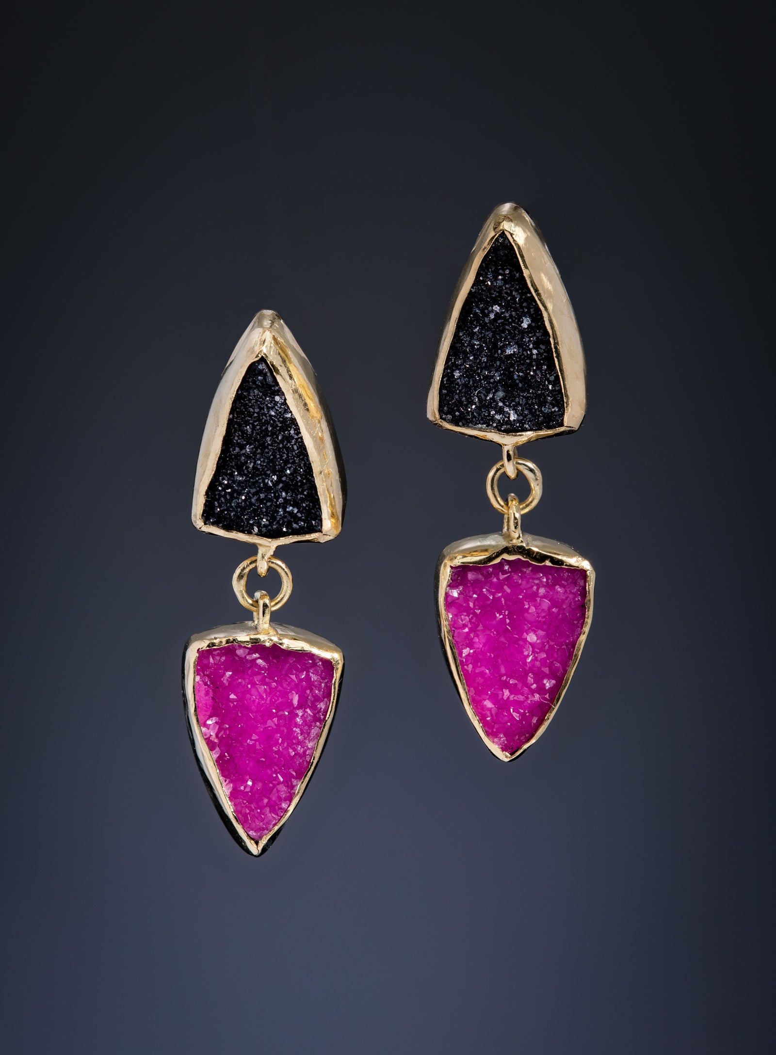 Cobalto Calcite (pink) & Black Quartz druzy in 18k,SS Earrings