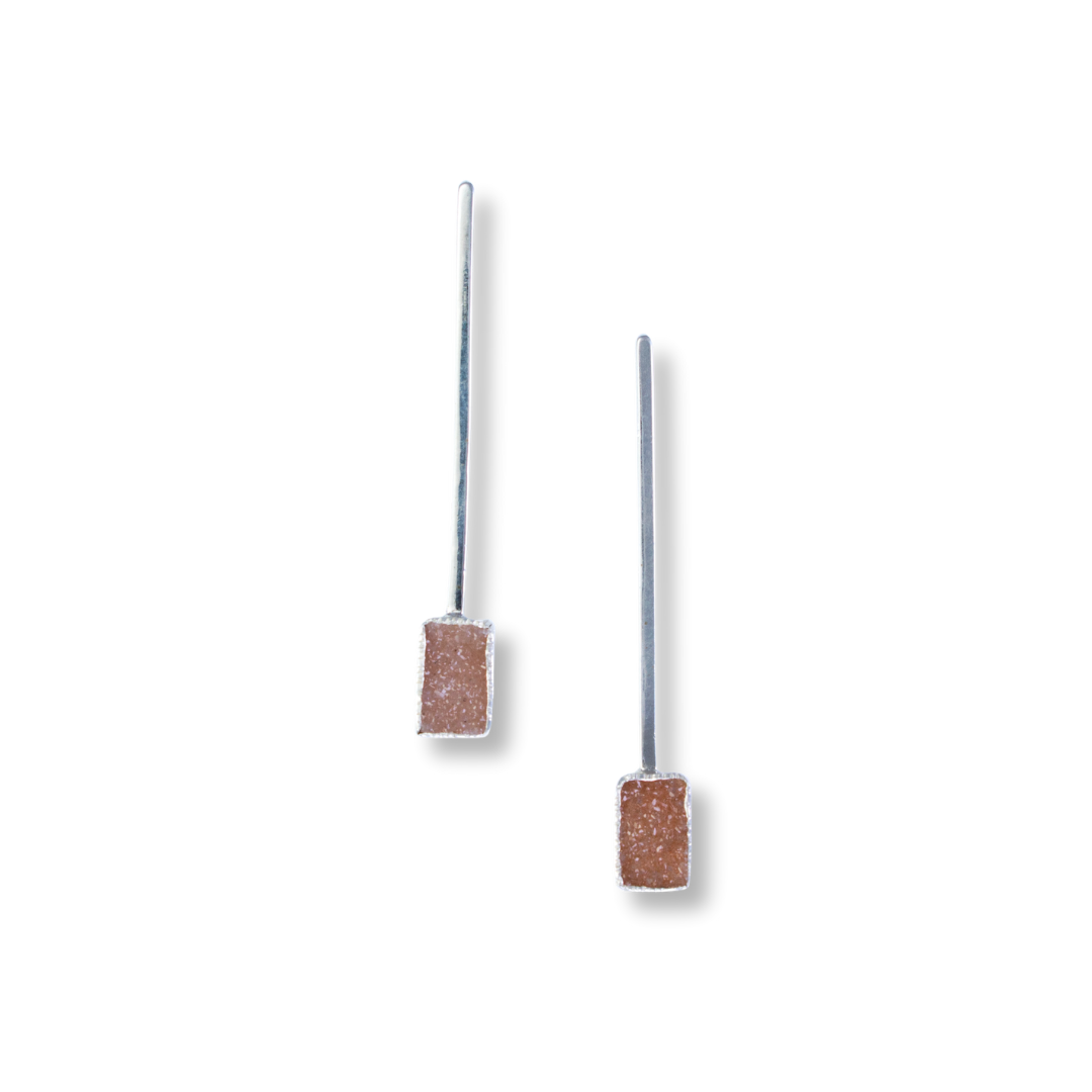 Pendulum Post Earrings with Orange rectangular druzy on square sterling wire