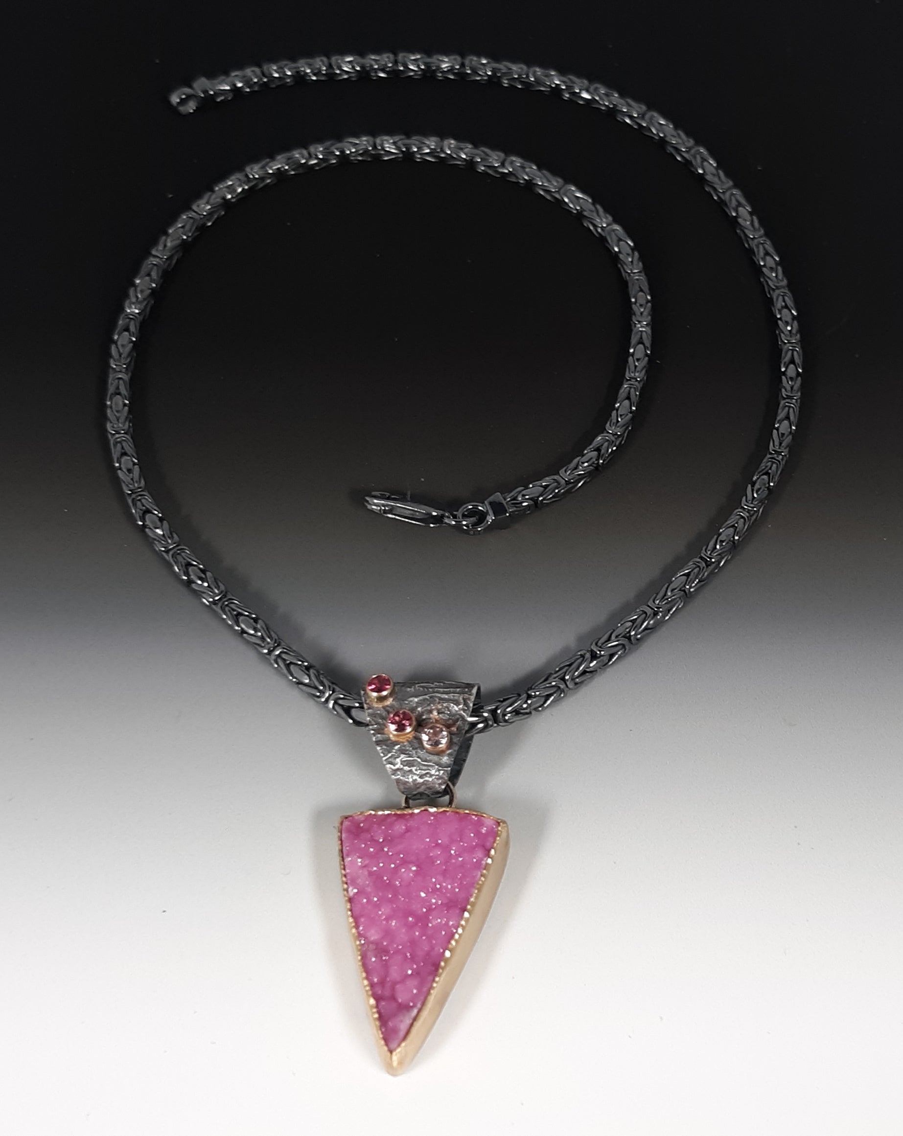 "Blushed" - SS, 18kt gold, Cobalto Calcite drusy, three pink sapphires