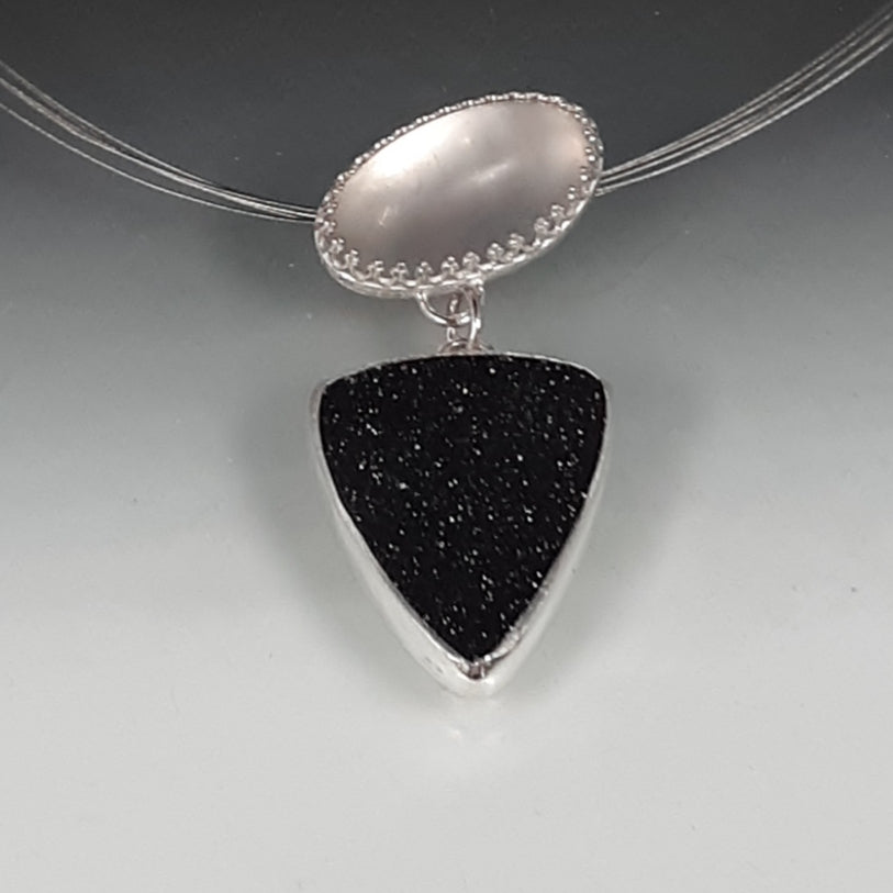Black drusy, frosted quartz in sterling on neckring