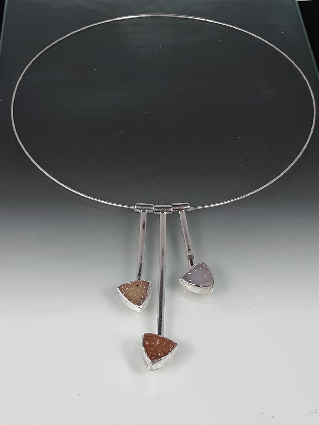 Pendulum #8 - Sterling, fine silver, drusy triangles large