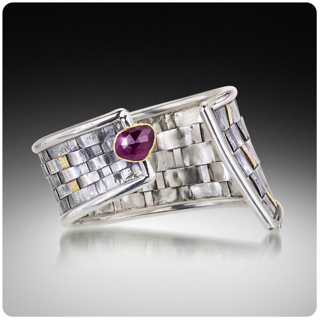 Open Weave Cuff - Sterling silver, 22k gold bimetal, 18k gold, ruby